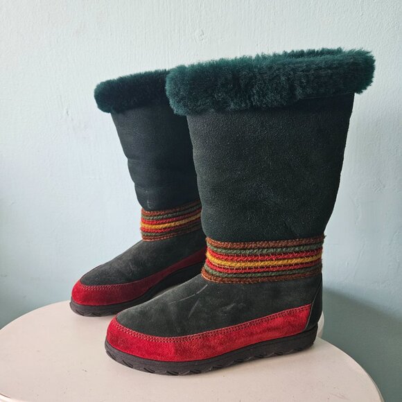 Vintage Cougar Leather Winter Snow Boots Shoe Canada Green mukluk Faux fur lined - Picture 4 of 11